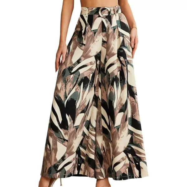 SweatyRocks Women's High Waist Belted Pockets Pants Graphic Print Wide Leg Loose Palazzo Pants Trousers