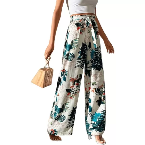 SweatyRocks Women's High Waist Belted Pockets Pants Graphic Print Wide Leg Loose Palazzo Pants Trousers