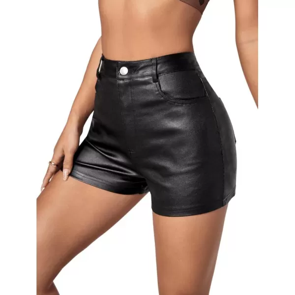 SweatyRocks Women's High Waist Faux Leather Shorts Stretchy Denim Shorts with Pockets