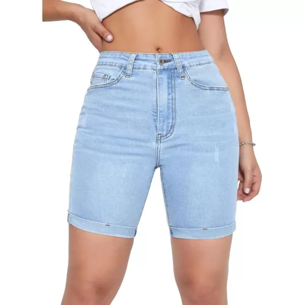 SweatyRocks Women's High Waist Roll Up Hem Denim Shorts Slim Fit Bermuda Jeans Shorts with Pockets