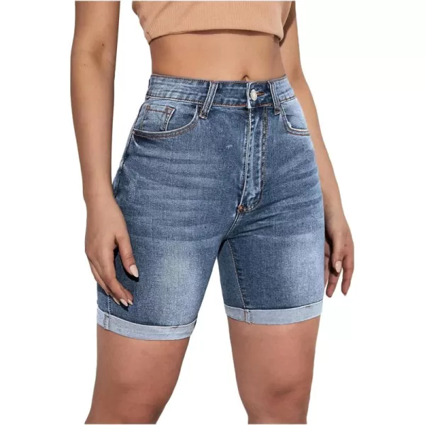 SweatyRocks Women's High Waist Roll Up Hem Denim Shorts Slim Fit Bermuda Jeans Shorts with Pockets