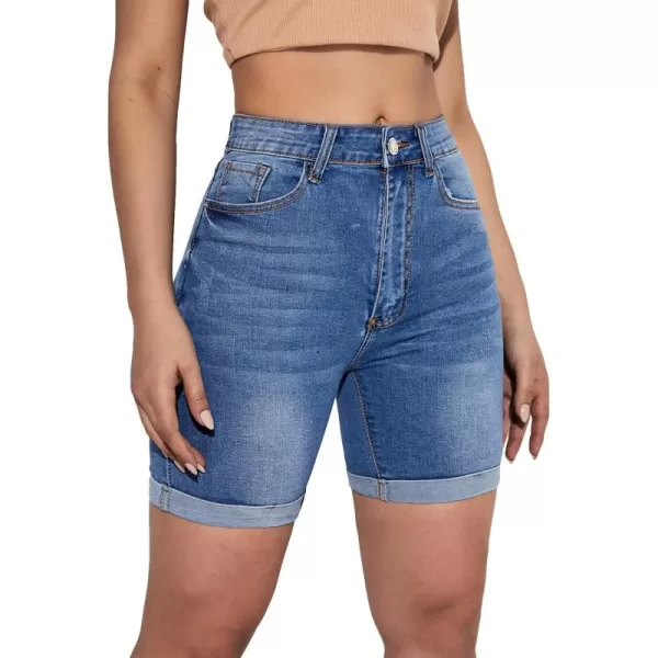 SweatyRocks Women's High Waist Roll Up Hem Denim Shorts Slim Fit Bermuda Jeans Shorts with Pockets