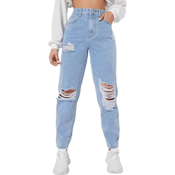SweatyRocks Women's High Waist Slant Pocket Denim Jeans Ripped Straight Leg Pants