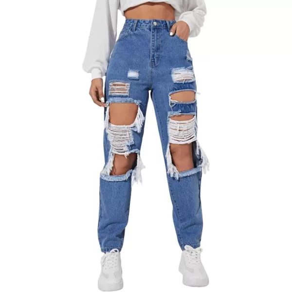 SweatyRocks Women's High Waist Slant Pocket Denim Jeans Ripped Straight Leg Pants