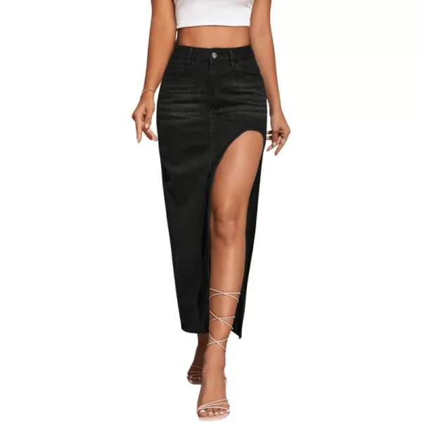 SweatyRocks Women's High Waist Split Thigh Maxi Denim Skirt Casual Zip Up Jean Skirts with Pockets