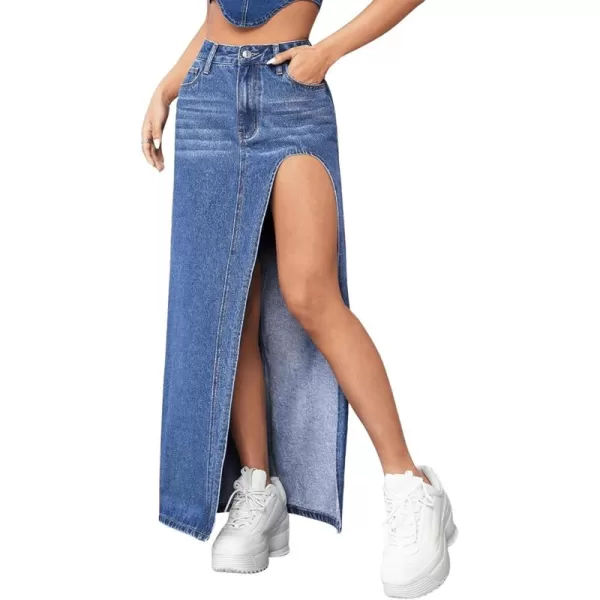 SweatyRocks Women's High Waist Split Thigh Maxi Denim Skirt Casual Zip Up Jean Skirts with Pockets