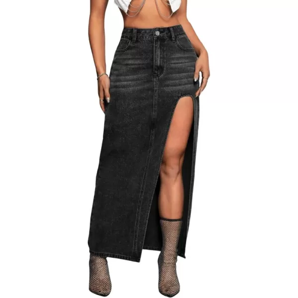 SweatyRocks Women's High Waist Split Thigh Maxi Denim Skirt Casual Zip Up Jean Skirts with Pockets