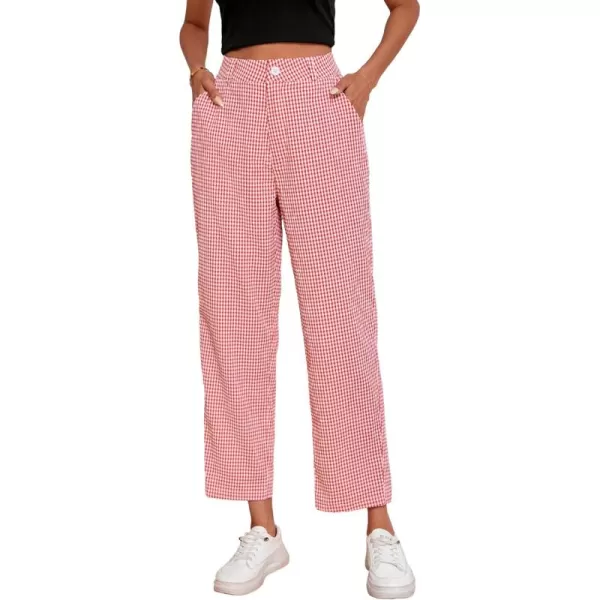 SweatyRocks Women's High Waisted Plaid Straight Leg Cropped Pants Gingham Trousers with Pockets