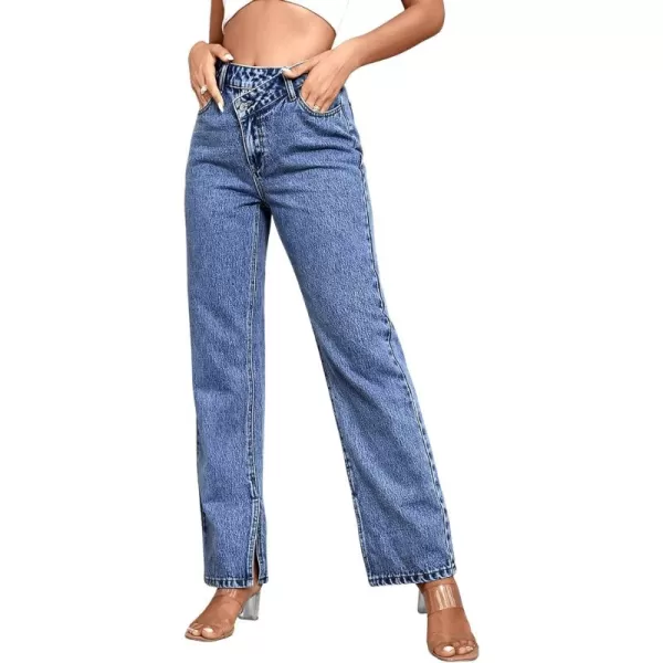 SweatyRocks Women's High Waisted Straight Leg Long Jeans Asymmetrical Waist Denim Pants