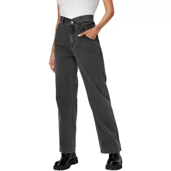 SweatyRocks Women's High Waisted Straight Leg Long Jeans Asymmetrical Waist Denim Pants