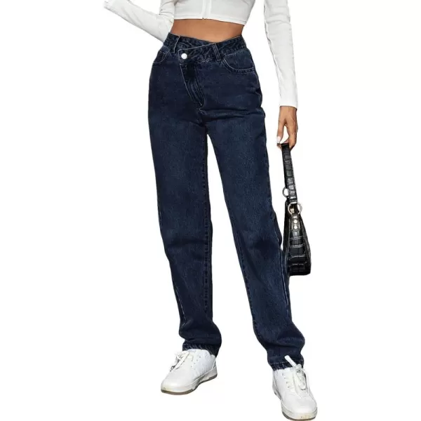 SweatyRocks Women's High Waisted Straight Leg Long Jeans Asymmetrical Waist Denim Pants