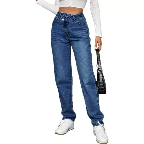SweatyRocks Women's High Waisted Straight Leg Long Jeans Asymmetrical Waist Denim Pants
