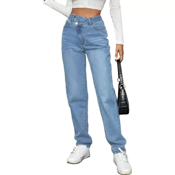 SweatyRocks Women's High Waisted Straight Leg Long Jeans Asymmetrical Waist Denim Pants