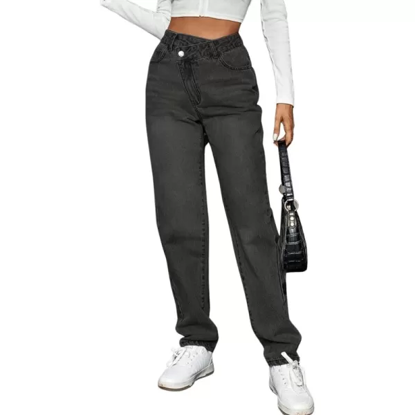 SweatyRocks Women's High Waisted Straight Leg Long Jeans Asymmetrical Waist Denim Pants