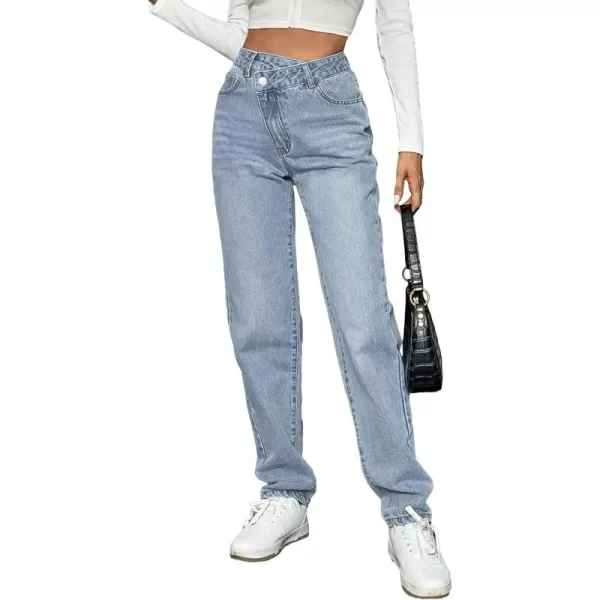 SweatyRocks Women's High Waisted Straight Leg Long Jeans Asymmetrical Waist Denim Pants