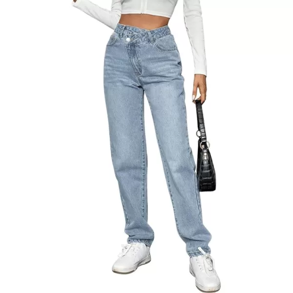 SweatyRocks Women's High Waisted Straight Leg Long Jeans Asymmetrical Waist Denim Pants