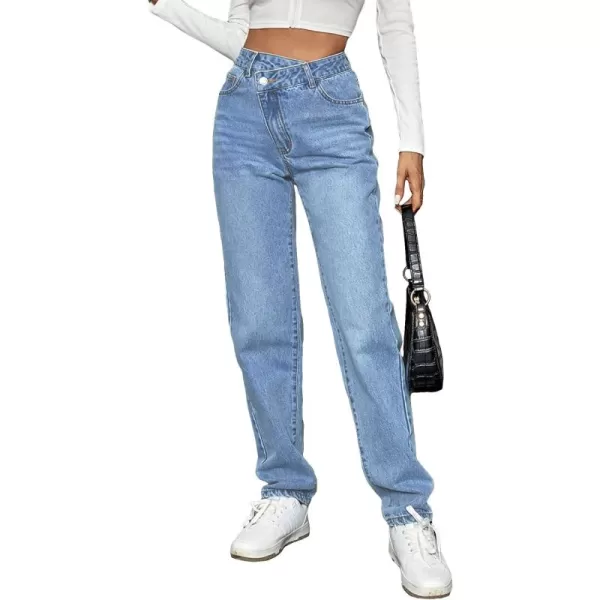 SweatyRocks Women's High Waisted Straight Leg Long Jeans Asymmetrical Waist Denim Pants