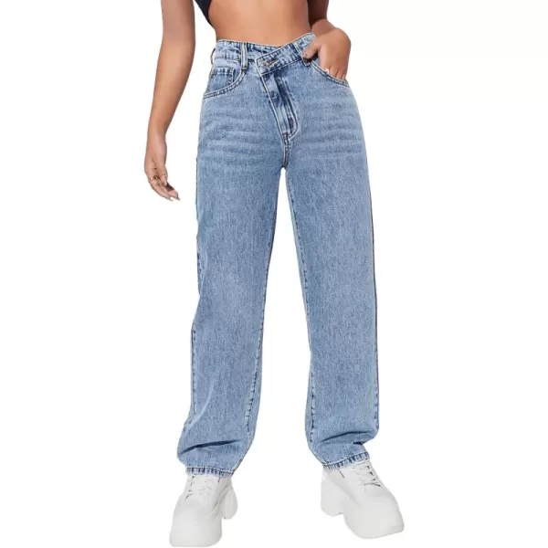 SweatyRocks Women's High Waisted Straight Leg Long Jeans Asymmetrical Waist Denim Pants
