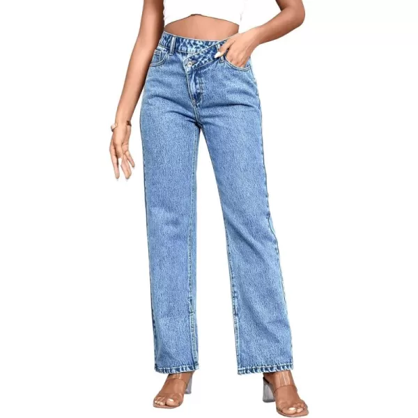 SweatyRocks Women's High Waisted Straight Leg Long Jeans Asymmetrical Waist Denim Pants