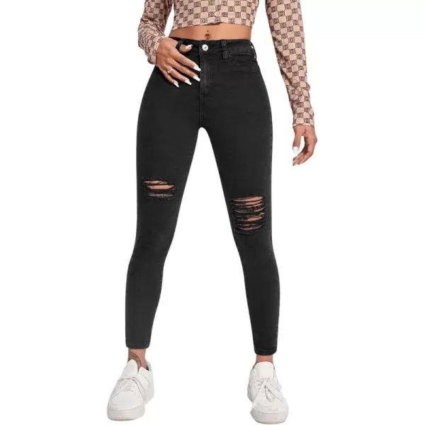 SweatyRocks Women's Hight Waisted Stretch Ripped Skinny Jeans Distressed Denim Pants