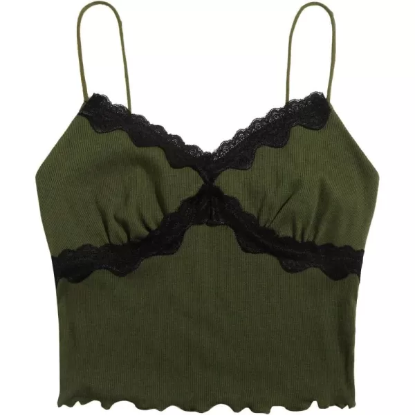 SweatyRocks Women's Lace Patchwork Spaghetti Strap Crop Cami Cute Ribbed Knit Slim Fit V Neck Camisole Tank Tops