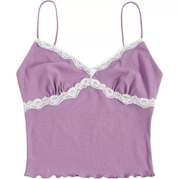 SweatyRocks Women's Lace Patchwork Spaghetti Strap Crop Cami Cute Ribbed Knit Slim Fit V Neck Camisole Tank Tops