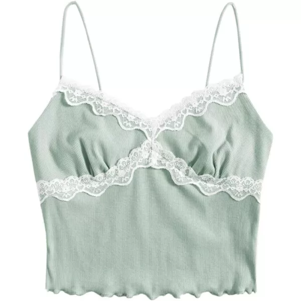SweatyRocks Women's Lace Patchwork Spaghetti Strap Crop Cami Cute Ribbed Knit Slim Fit V Neck Camisole Tank Tops