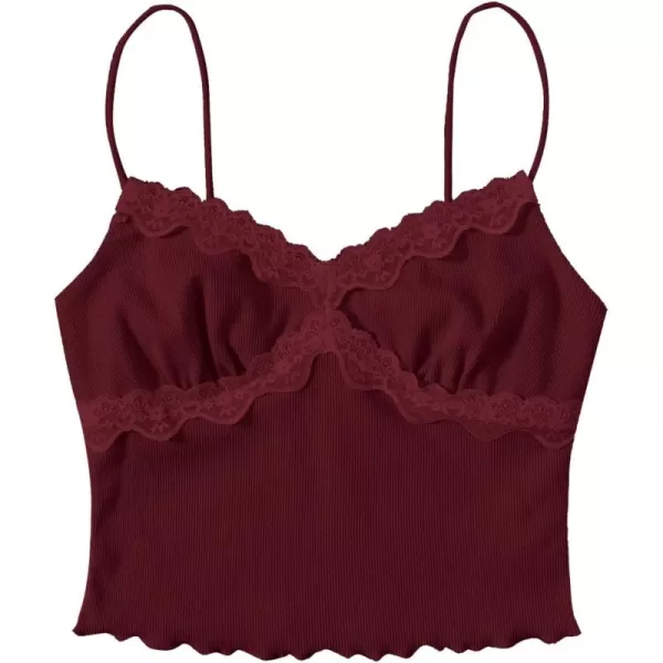 SweatyRocks Women's Lace Patchwork Spaghetti Strap Crop Cami Cute Ribbed Knit Slim Fit V Neck Camisole Tank Tops