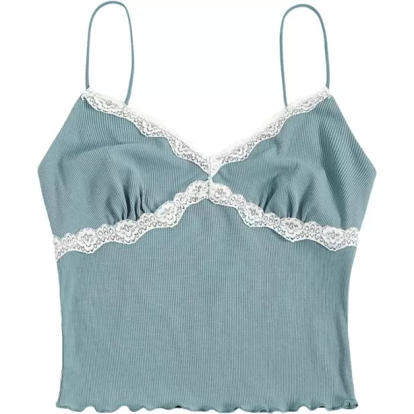 SweatyRocks Women's Lace Patchwork Spaghetti Strap Crop Cami Cute Ribbed Knit Slim Fit V Neck Camisole Tank Tops
