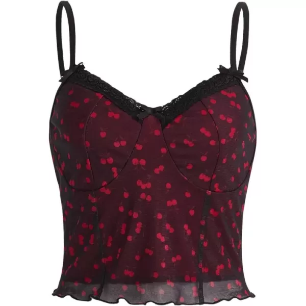SweatyRocks Women's Lace Patchwork Spaghetti Strap Crop Cami Cute Ribbed Knit Slim Fit V Neck Camisole Tank Tops