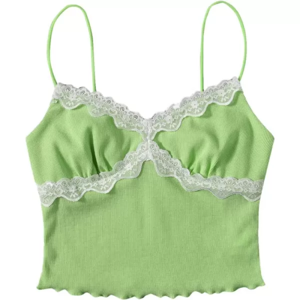 SweatyRocks Women's Lace Patchwork Spaghetti Strap Crop Cami Cute Ribbed Knit Slim Fit V Neck Camisole Tank Tops