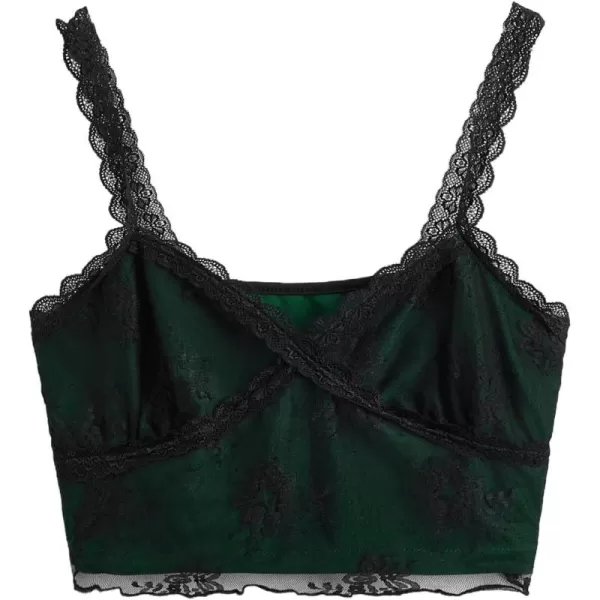 SweatyRocks Women's Lace Patchwork Spaghetti Strap Crop Cami Cute Ribbed Knit Slim Fit V Neck Camisole Tank Tops