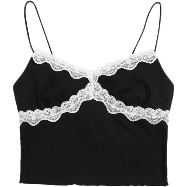 SweatyRocks Women's Lace Patchwork Spaghetti Strap Crop Cami Cute Ribbed Knit Slim Fit V Neck Camisole Tank Tops