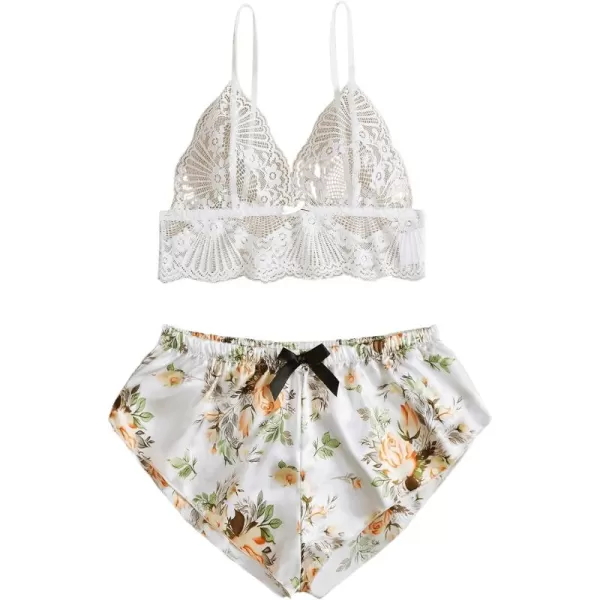 SweatyRocks Women's Lace Trim Underwear Lingerie Straps Bralette and Panty Set