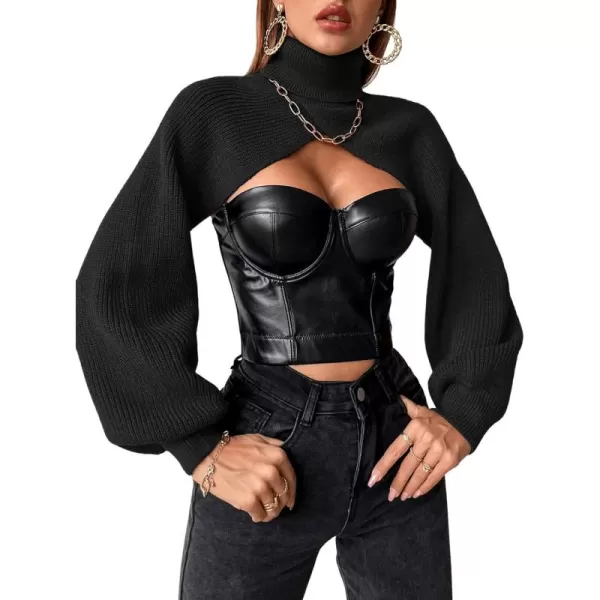SweatyRocks Women's Lantern Sleeve Turtleneck High Neck Pullover Sweater Super Crop Top