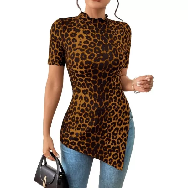 SweatyRocks Women's Leopard Print Split Hem Tee Shirt Mock Neck Short Sleeve Tunic Top