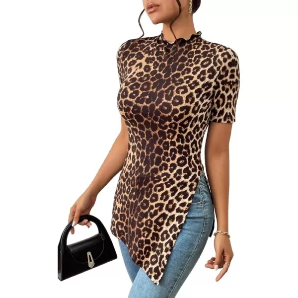 SweatyRocks Women's Leopard Print Split Hem Tee Shirt Mock Neck Short Sleeve Tunic Top