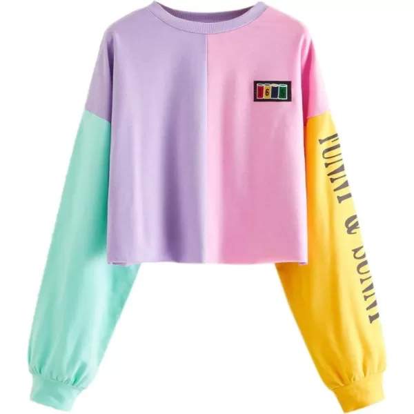 SweatyRocks Women's Letter Print Color Block Crop Sweatshirt Long Sleeve Pullover Tops