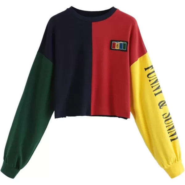 SweatyRocks Women's Letter Print Color Block Crop Sweatshirt Long Sleeve Pullover Tops
