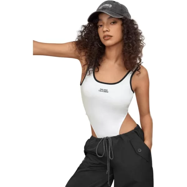 SweatyRocks Women's Letter Print Scoop Neck Backless Tank Top Casual Sleeveless High Cut Bodysuit Leotard