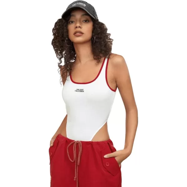 SweatyRocks Women's Letter Print Scoop Neck Backless Tank Top Casual Sleeveless High Cut Bodysuit Leotard