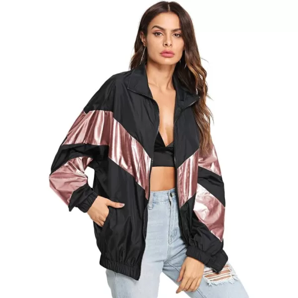 SweatyRocks Women's Lightweight Windbreaker Patchwork Zipper Sport Jacket Coat Outerwear