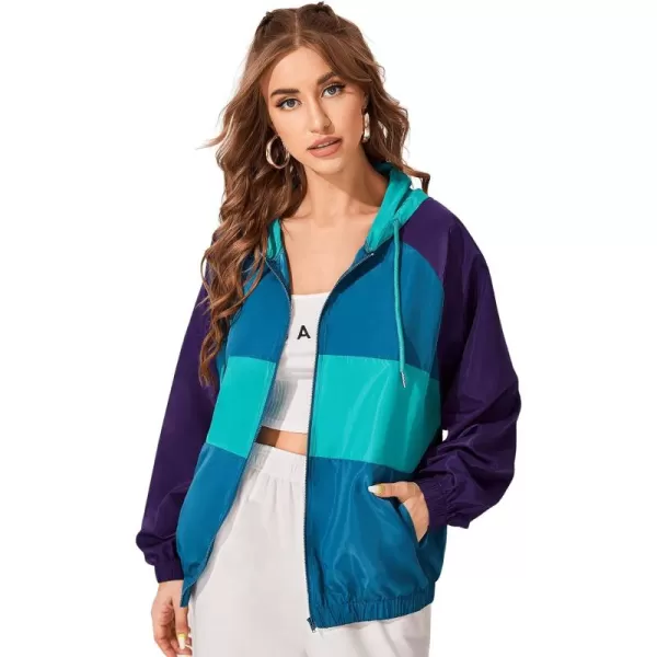SweatyRocks Women's Lightweight Windbreaker Patchwork Zipper Sport Jacket Coat Outerwear
