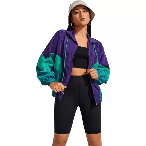 SweatyRocks Women's Lightweight Windbreaker Patchwork Zipper Sport Jacket Coat Outerwear