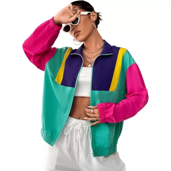 SweatyRocks Women's Lightweight Windbreaker Patchwork Zipper Sport Jacket Coat Outerwear