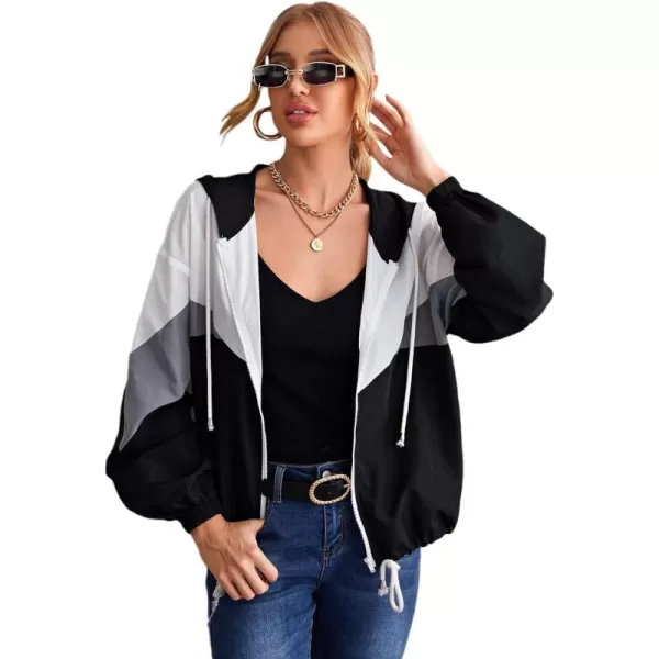 SweatyRocks Women's Lightweight Windbreaker Patchwork Zipper Sport Jacket Coat Outerwear