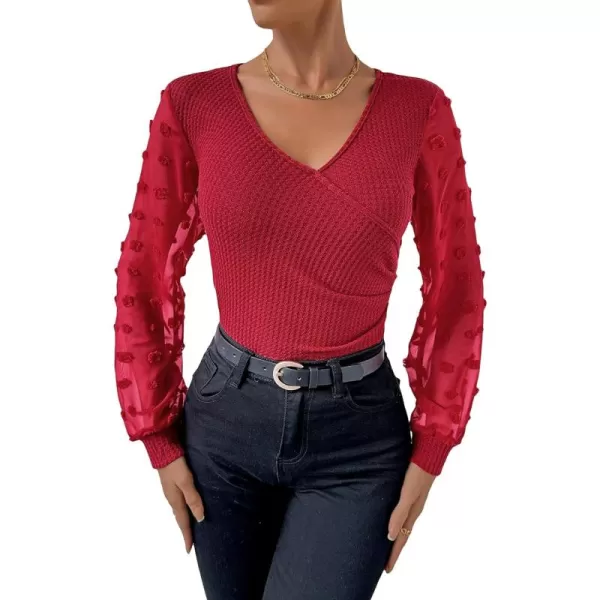 SweatyRocks Women's Long Lantern Sleeve V Neck Wrap Top Swiss Dots Slim Fit Knitted Blouse Shirt