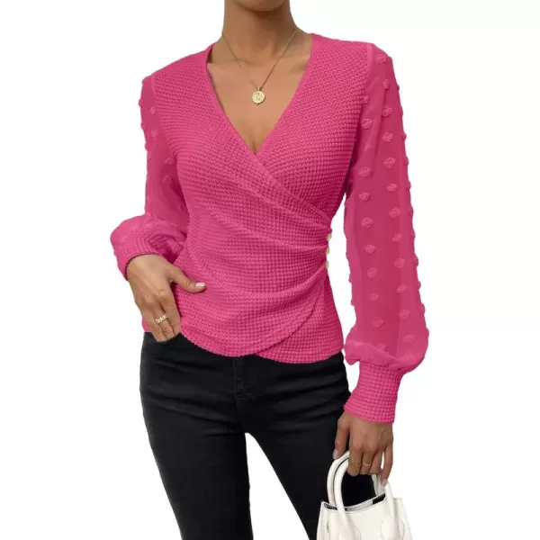 SweatyRocks Women's Long Lantern Sleeve V Neck Wrap Top Swiss Dots Slim Fit Knitted Blouse Shirt