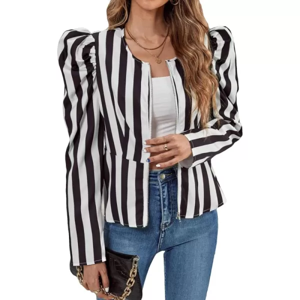 SweatyRocks Women's Long Puff Sleeve Round Neck Coat Flare Hem Full Zip Peplum Jacket