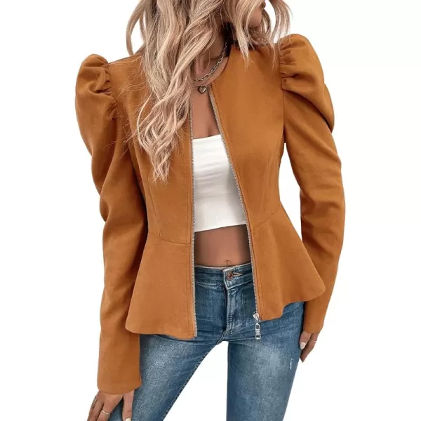 SweatyRocks Women's Long Puff Sleeve Round Neck Coat Flare Hem Full Zip Peplum Jacket